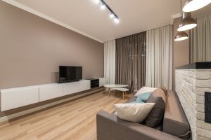 Interior of contemporary spacious living room with beige walls light curtains TV set and sofa with pillows