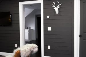 Stylish modern interior featuring dark shiplap walls, a faux deer mount, and a cozy fur-draped chair in Salem, MA.