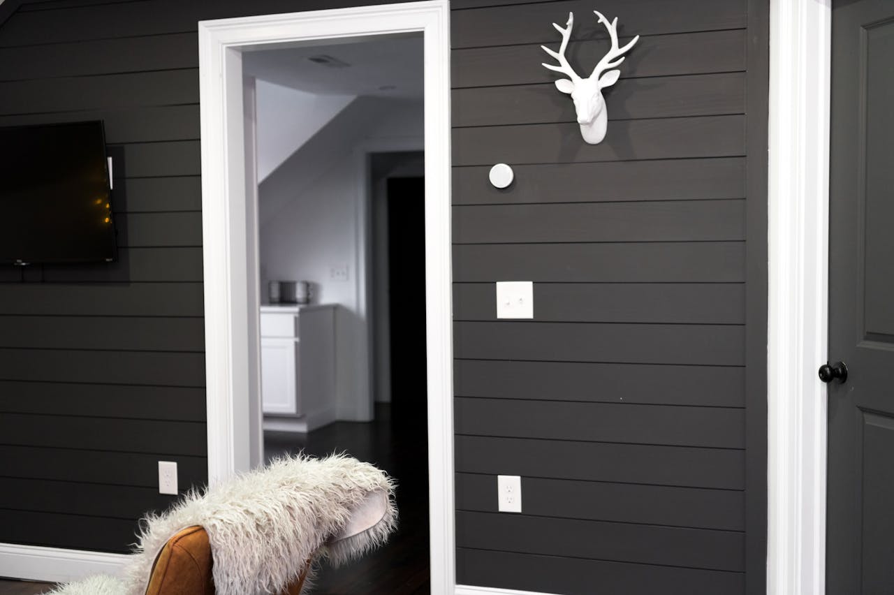 gallery-1 Stylish modern interior featuring dark shiplap walls, a faux deer mount, and a cozy fur-draped chair in Salem, MA.